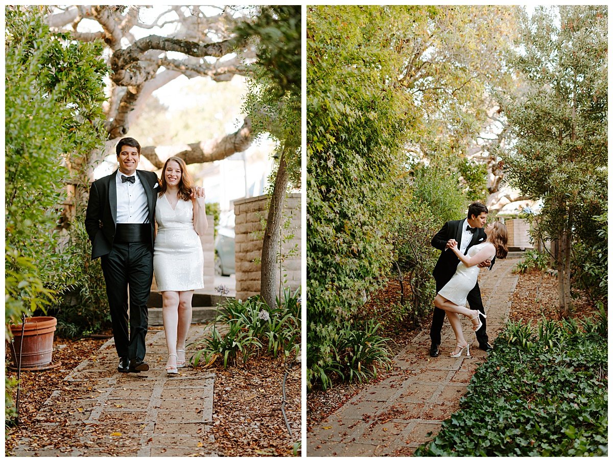 bride and groom posing for downtown Carmel Elopement