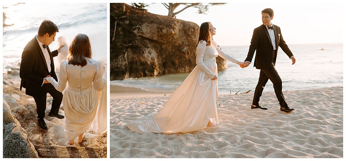 bride and groom on carmel beach for downtown Carmel Elopement