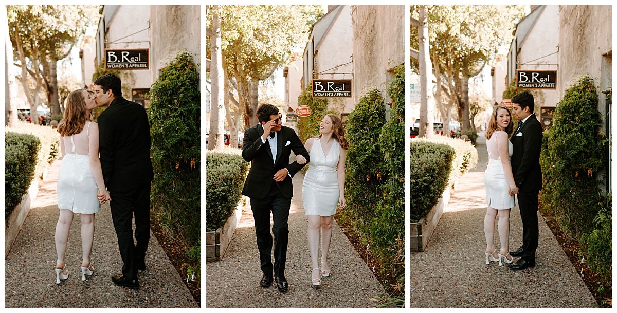 bride and groom walking in downtown carmel for downtown Carmel Elopement