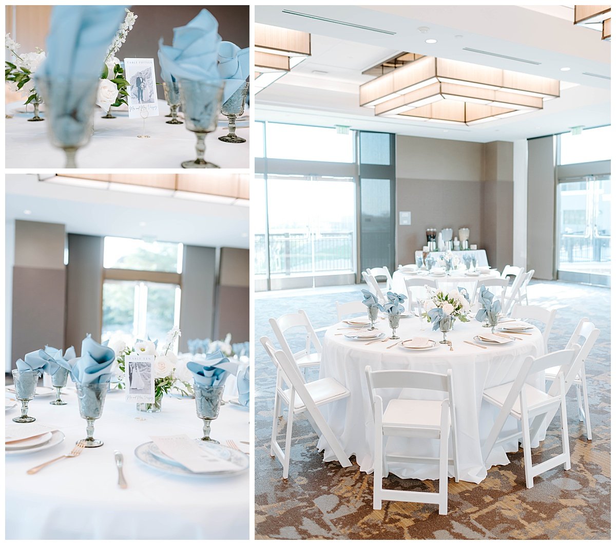 white and light blue wedding ceremony decor for downtown Carmel Elopement