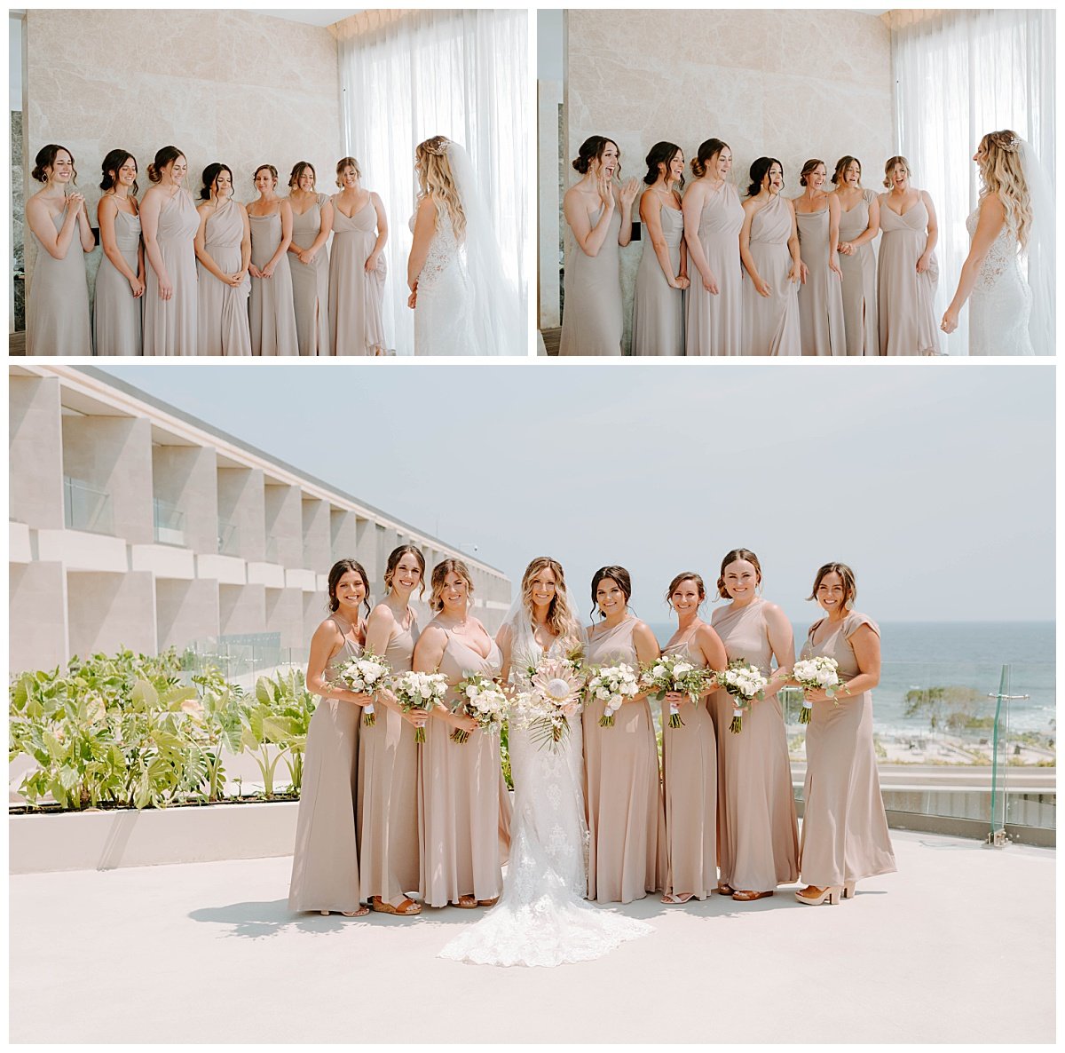 bridesmaids and bride first look for spring destination wedding at the Secrets Bahia Mita Surf and Sand Resort