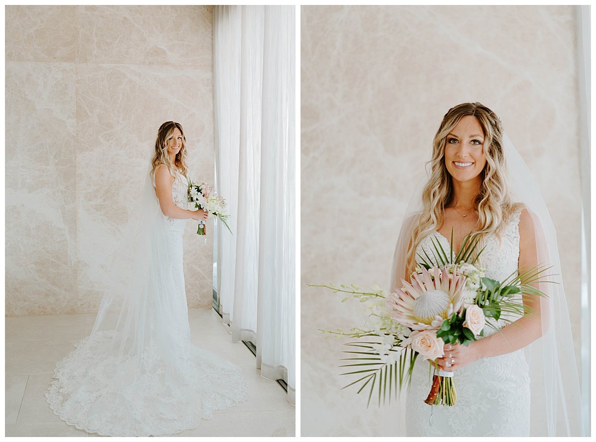 bride in floral lace dress for spring destination wedding at the Secrets Bahia Mita Surf and Sand Resort