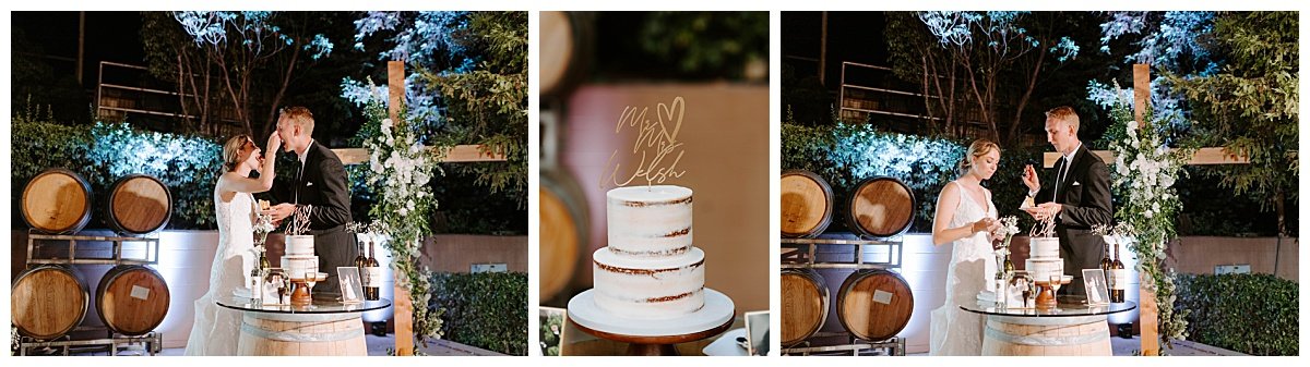 bride and groom cake cutting for wedding at the south coast winery