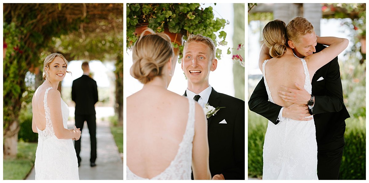 bride and groom first look for wedding at the south coast winery