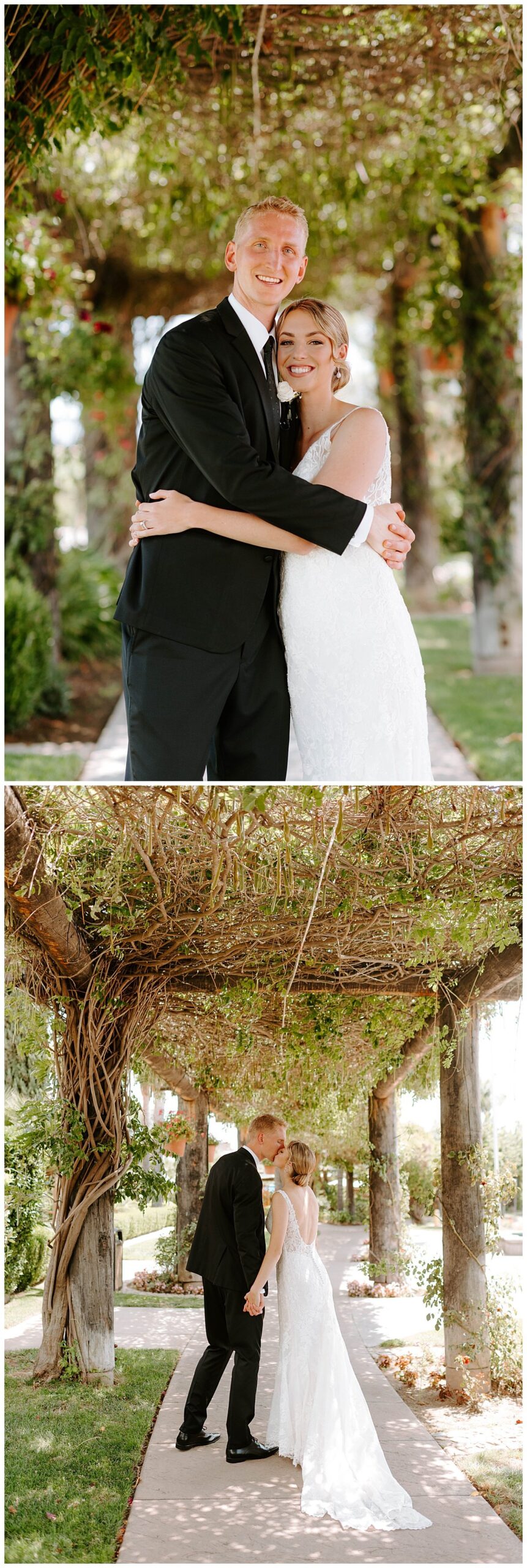 groom and bride in lace dress for wedding at the south coast winery