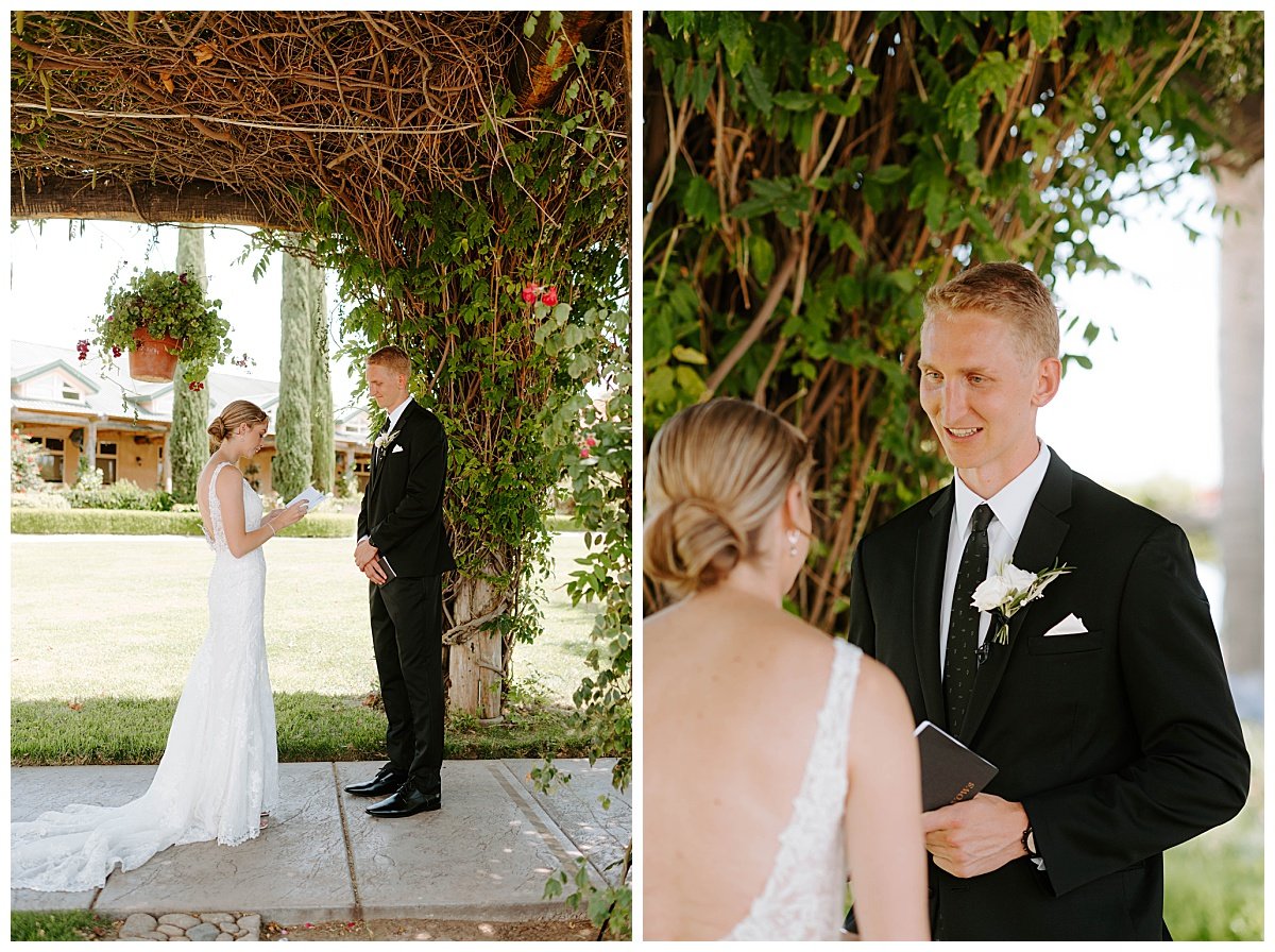 bride and groom exchanging personal vows for wedding at the south coast winery