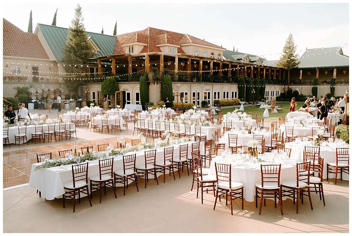 outdoor reception with bistro lights for wedding at the south coast winery