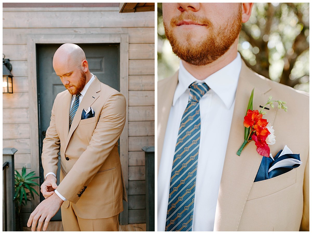 Groom in tan suit for spring wedding at the botanica wedding trademark venues in oceanside california