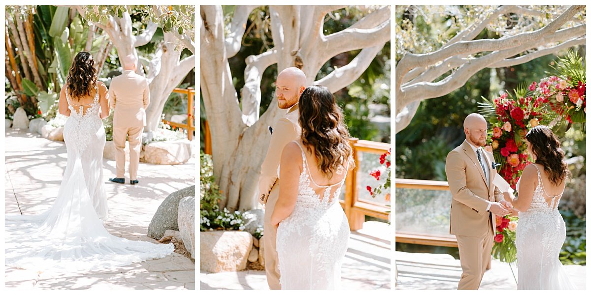 bride and groom intimate first look for spring wedding at the botanica wedding trademark venues in oceanside california