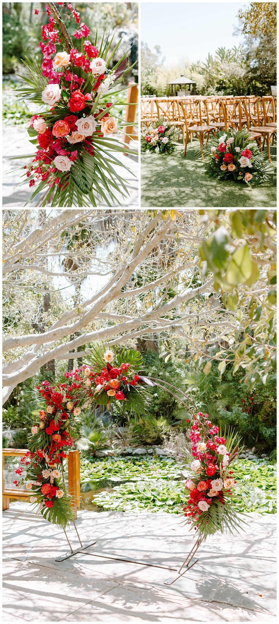 wood wedding chairs and red and pink color palette for spring wedding at the botanica wedding trademark venues in oceanside california