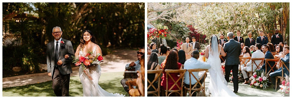 bride and father of the bride walking down to the ceremony for spring wedding at the botanica wedding trademark venues in oceanside california