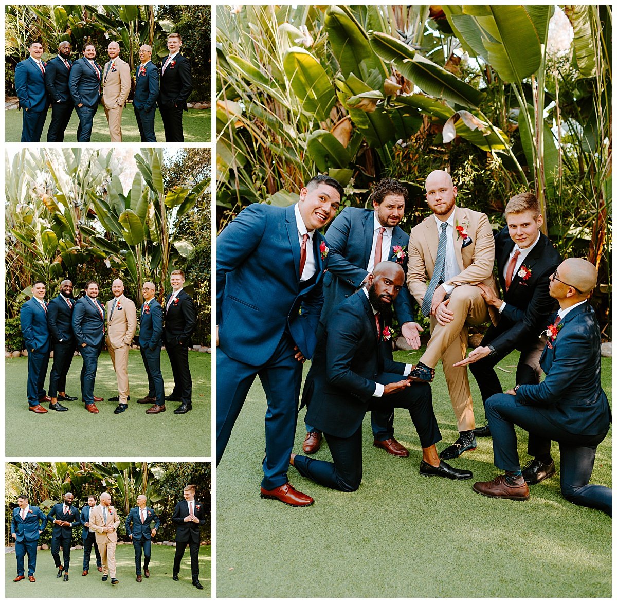 groomsmen in navy blue suits for spring wedding at the botanica wedding trademark venues in oceanside california