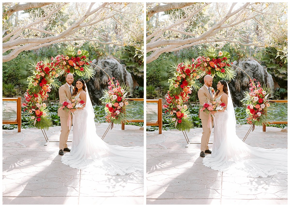 bride and groom just said I do in front of floral arch for spring wedding at the botanica wedding trademark venues in oceanside california