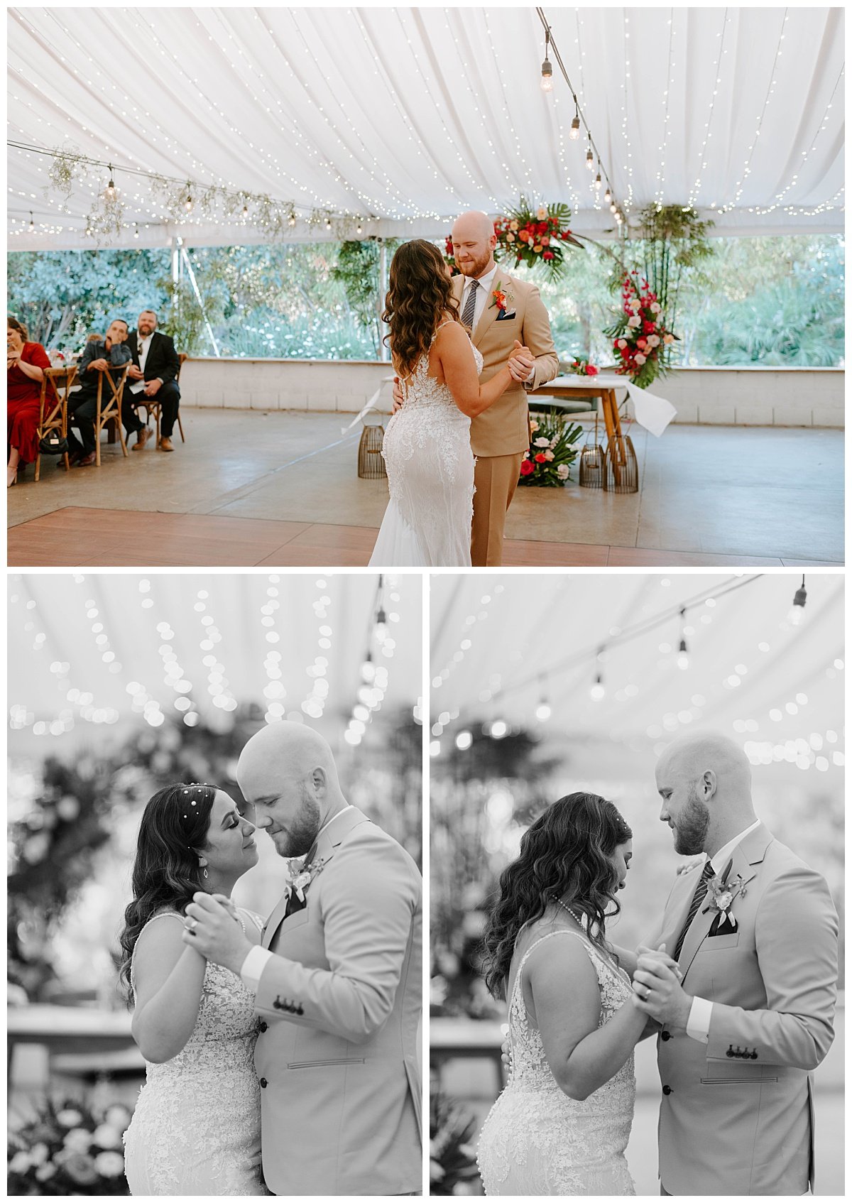 bride and groom first dance for spring wedding at the botanica wedding trademark venues in oceanside california