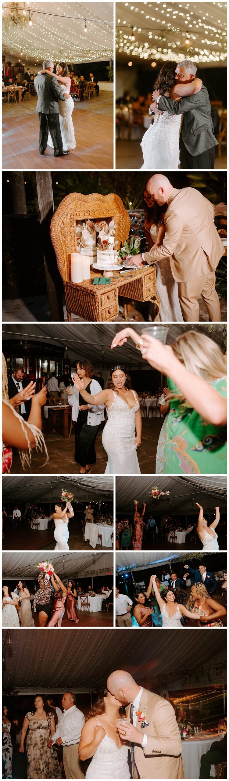 father and daughter dance under reception lights for spring wedding at the botanica wedding trademark venues in oceanside california