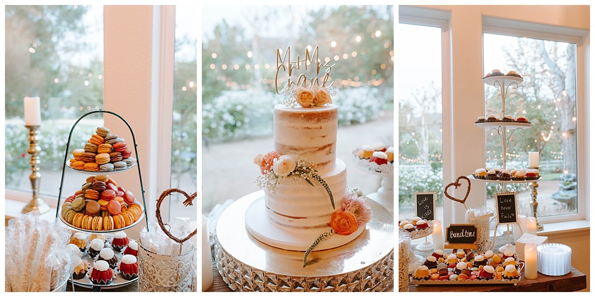 CAKE AND DESSERT TABLE FOR SPRING WEDDING AT THE HAWK RANCH WEDDING VENUE