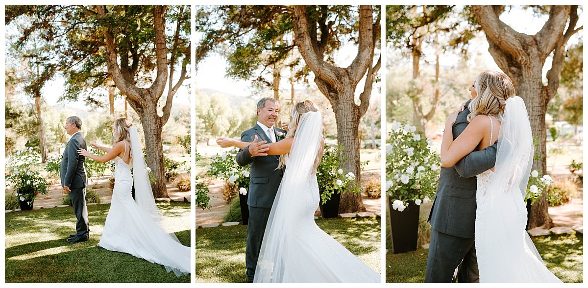 FATHER AND DAUGHTER FIRST LOOK FOR SPRING WEDDING AT HAWK RANCH WEDDING VENUE