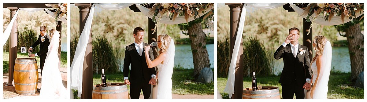 BRIDE AND GROOM SHARING WINE FOR SPRING WEDDING AT THE HAWK RANCH WEDDING VENUE