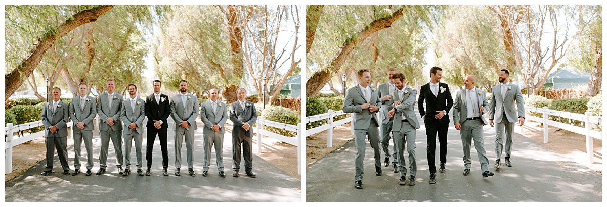 GROOMSMEN IN LIGHT GRAY SUITS FOR SPRING WEDDING AT THE HAWK RANCH WEDDING VENUE