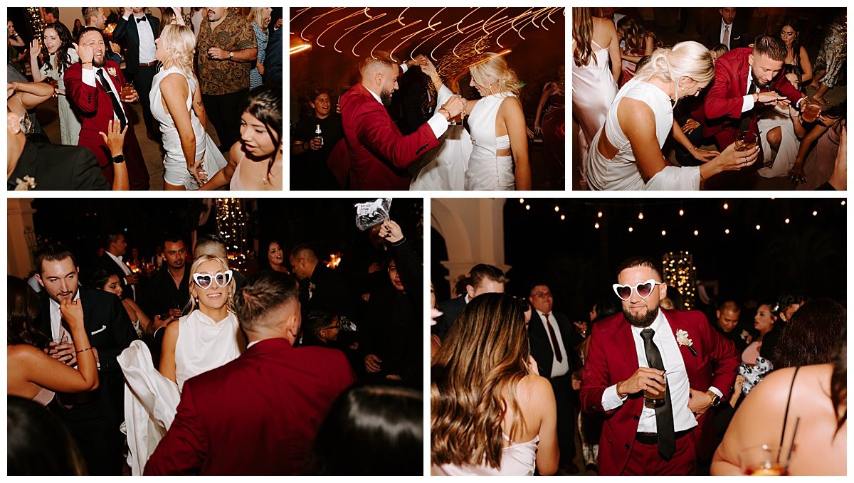 BRIDE AND GROOM DANCING AT RECEPTION WITH WHITE SUNGLASSES FOR SUMMER WEDDING AT THE TALEGA GOLF CLUB