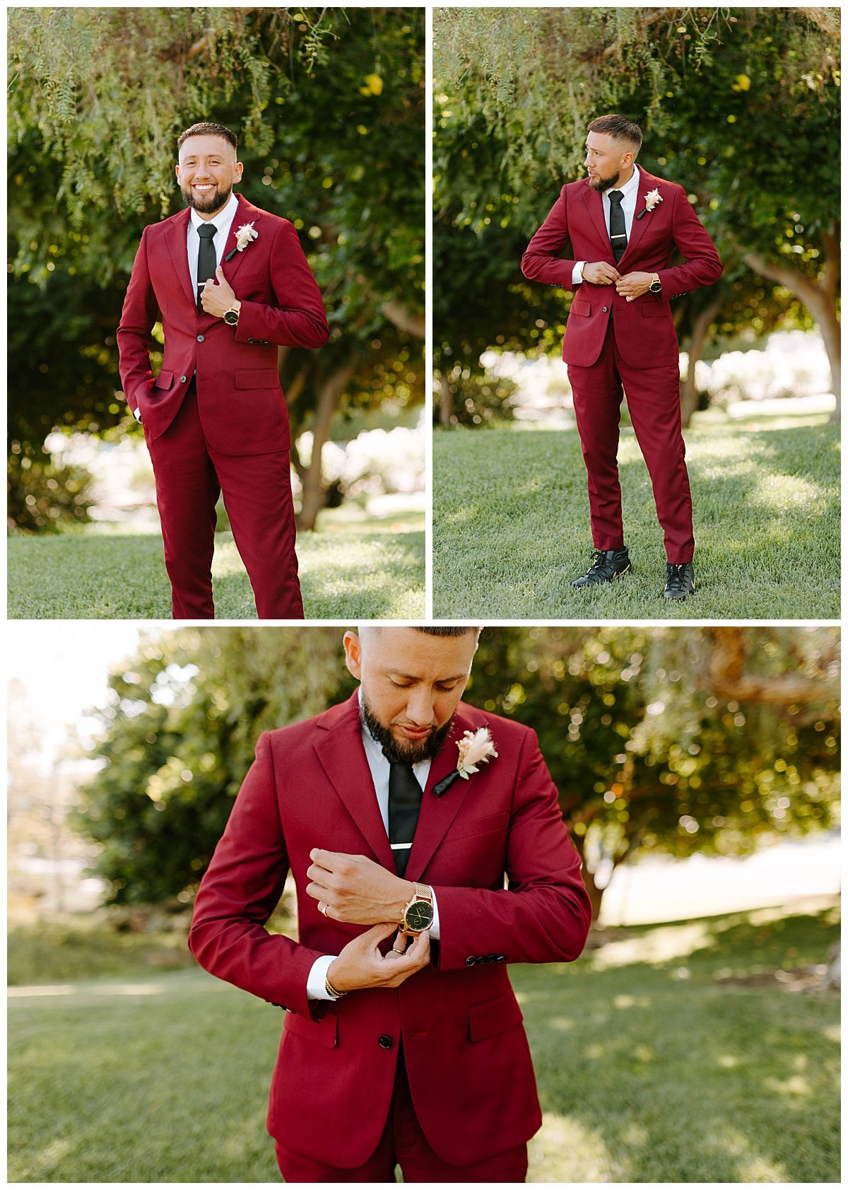 GROOM IN WINE COLORED SUIT FOR SUMMER WEDDING AT THE TALEGA GOLF CLUB