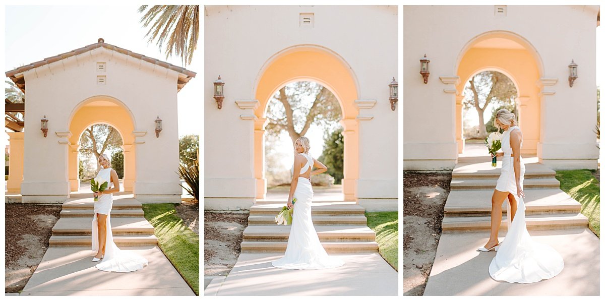 BRIDAL WEDDING PORTRAITS IN HIGH LOW GOWN FOR SUMMER WEDDING AT THE TALEGA GOLF CLUB