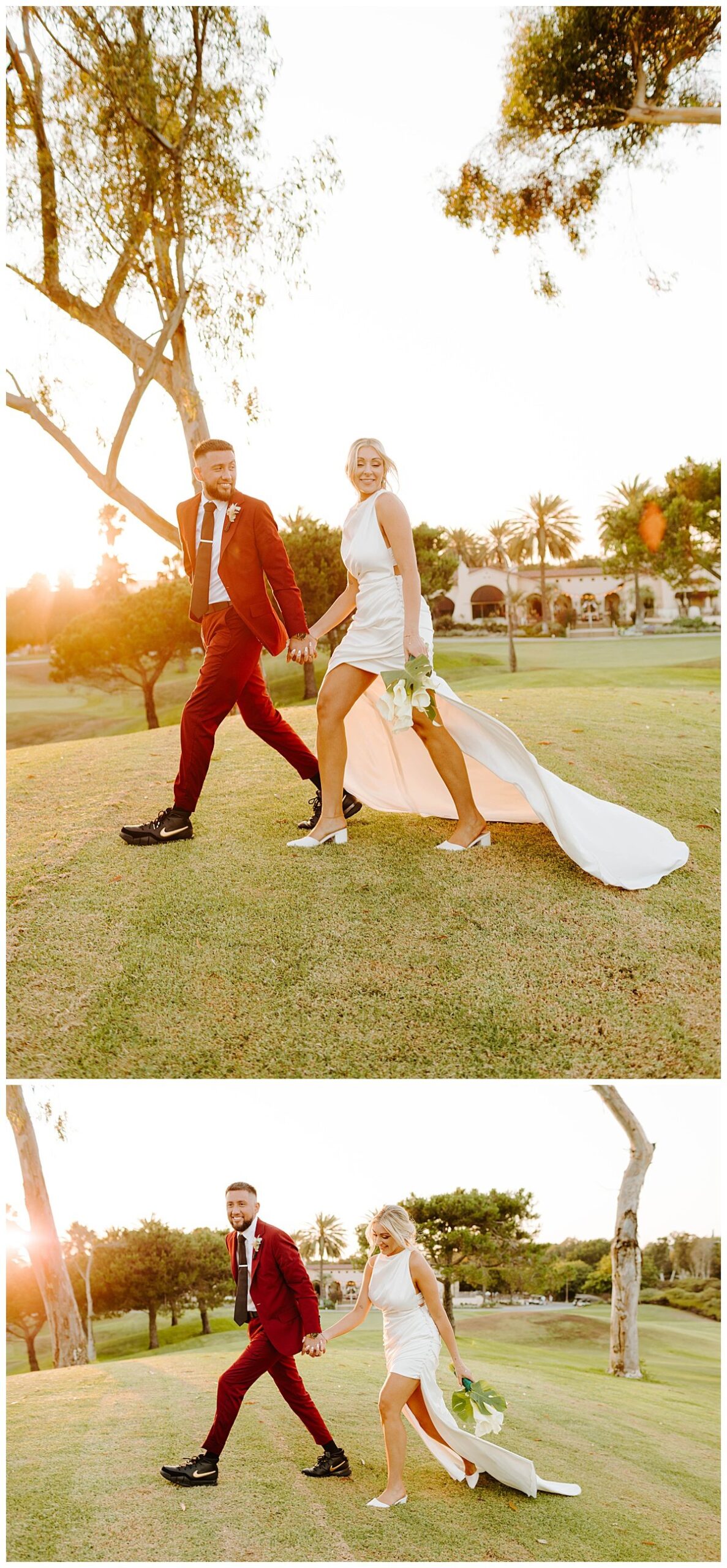 BRIDE AND GROOM WALKING FOR SUMMER WEDDING AT THE TALEGA GOLF CLUB