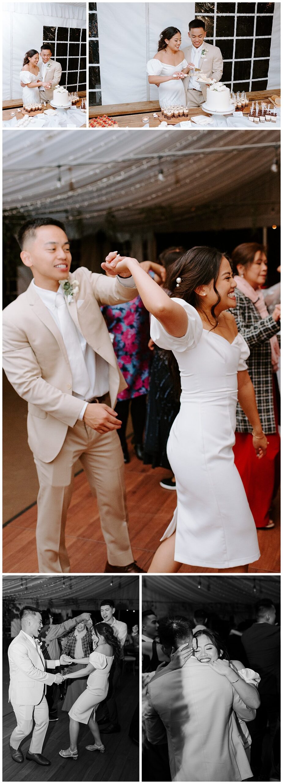 bride and groom cake cutting and dancing winter wedding at the botanica wedding trademark venue in oceanside