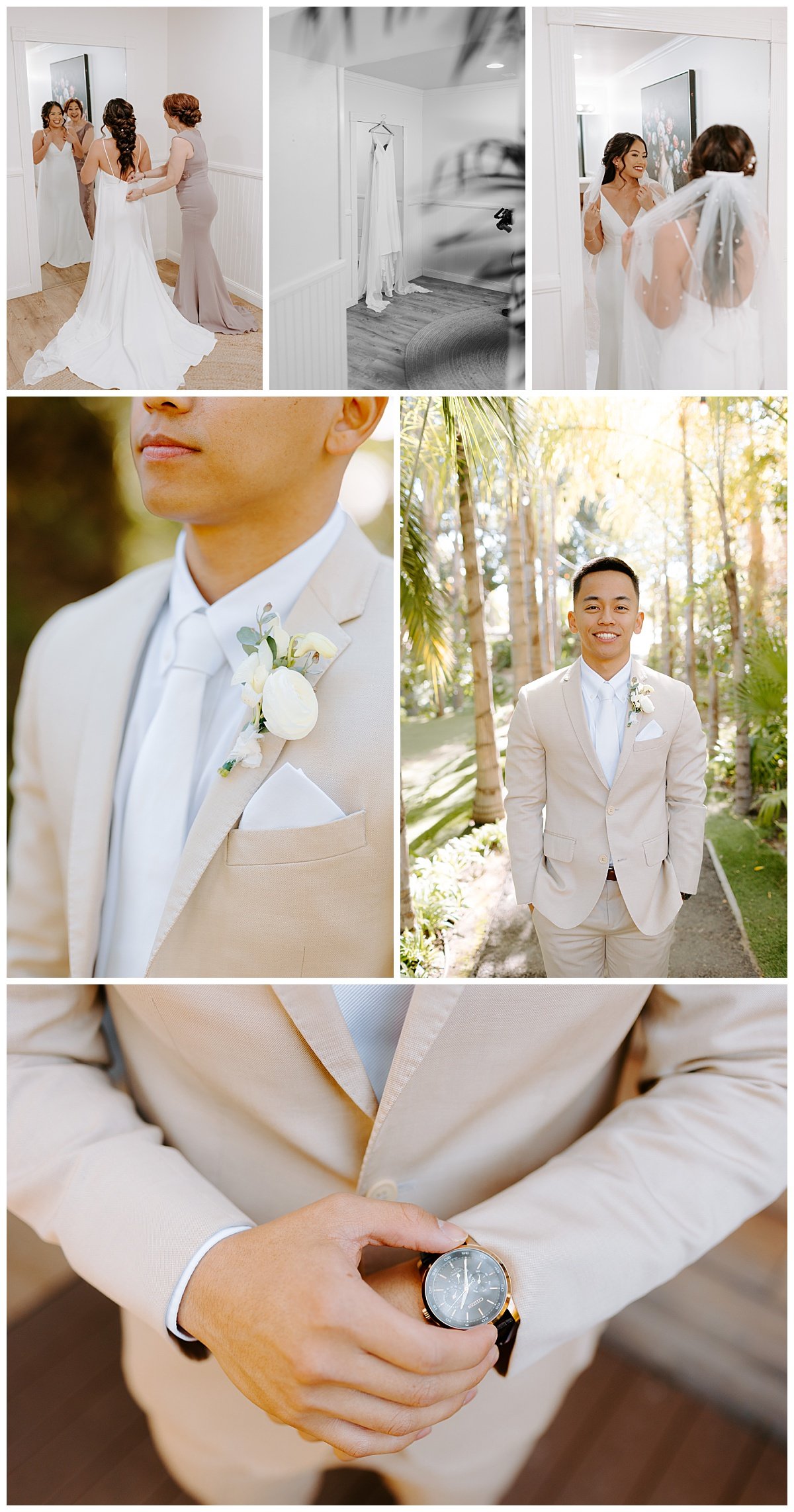 bride and groom getting ready for winter wedding at the botanica wedding trademark venue in oceanside