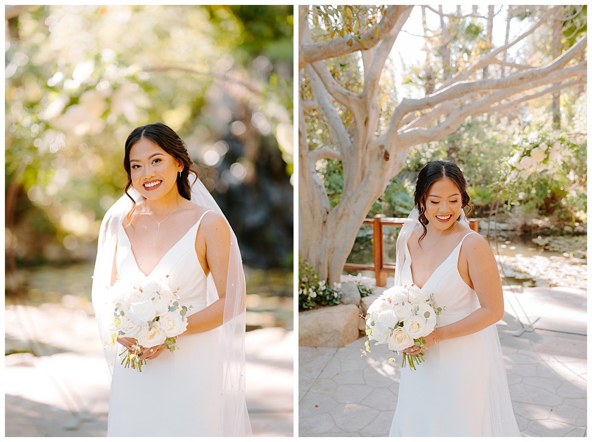 bride holding white bouquet winter wedding at the botanica wedding trademark venue in oceanside