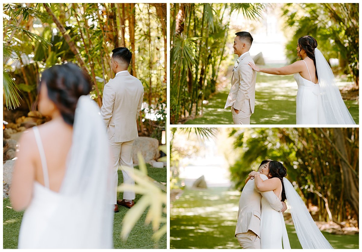 bride and groom first look for winter wedding at the botanica wedding trademark venue in oceanside